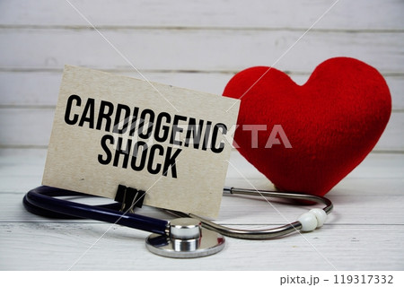 Cardiogenic Shock text message on paper card with stethoscope on wooden background Cardiogenic Shock text message on paper card with stethoscope on wooden background 119317332