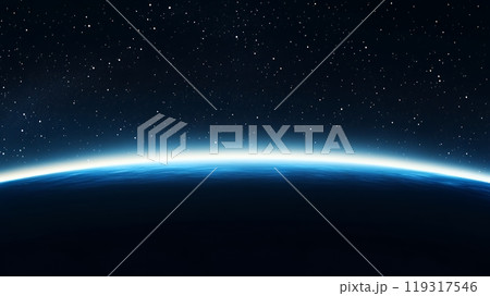 宇宙の夜明け：地球の地平線から昇る光と星空 119317546