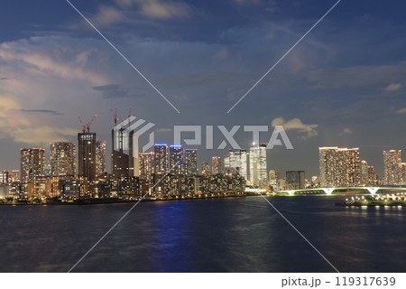 レインボーブリッジから見える東京湾とビル群　夕景・夜景 119317639