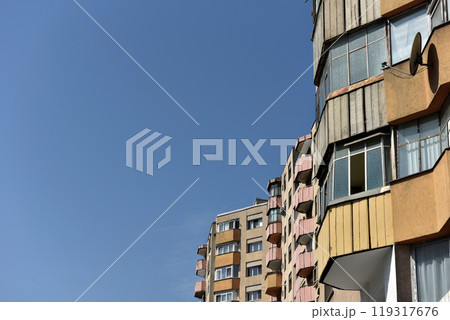 Typical facade of concrete panel building. Post Soviet flat of blocks Typical facade of concrete panel building. Post Soviet flat of blocks 119317676