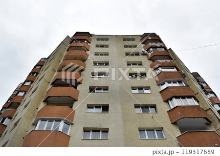 Perspective view of flat of blocks from Communist period, worn out concrete buildings in Eastern Europe Perspective view of flat of blocks from Communist period, worn out concrete buildings in Eastern Europe 119317689