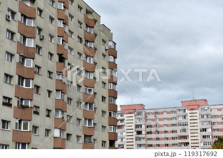 Post Soviet flat of blocks built in the Communist era, concrete apartment buildings 119317692
