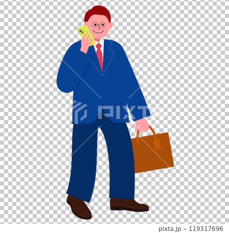 A full-body illustration of a man wearing glasses and a suit carrying a business bag walking while talking on his smartphone 119317696