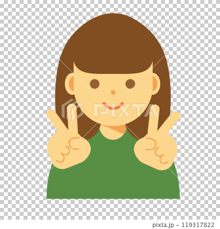 Illustration of a smiling woman making a peace sign 119317822