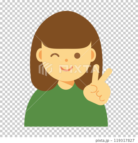 Illustration of a woman making a peace sign and winking Illustration of a woman making a peace sign and winking 119317827