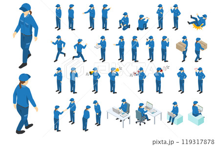 アイソメトリックイラスト：工場作業員セット(女性) 119317878