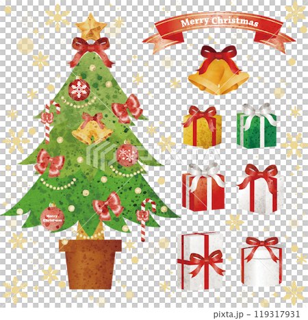 Christmas watercolor Christmas tree gift present ornament illustration material set 119317931