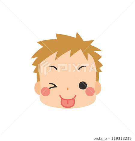 舌を出してウインクする可愛い小さな男の子の絵文字イラスト　アイコン　顔　表情　白背景　ベクター 119318235
