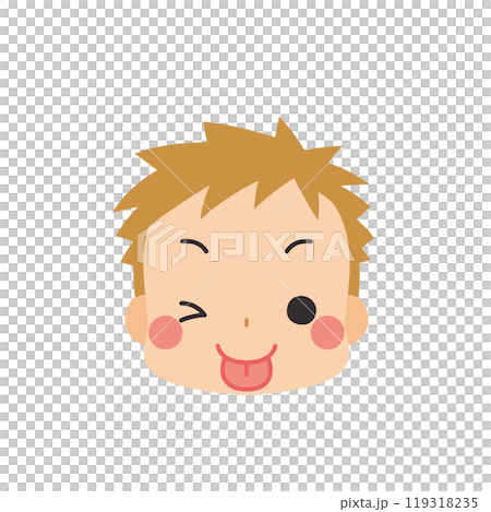 舌を出してウインクする可愛い小さな男の子の絵文字イラスト　アイコン　顔　表情　白背景　ベクター 119318235