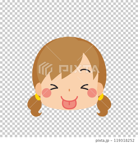 Emoji illustration of a cute little girl with her eyes closed and tongue out, icon, face, facial expression, white background, vector 119318252