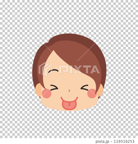 Emoji illustration of a cute little girl with her eyes closed and tongue out, icon, face, facial expression, white background, vector 119318253