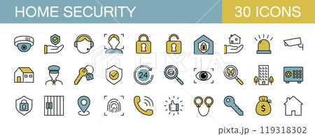 ホームセキュリティに関するラインアイコンセット カラー ホームセキュリティに関するラインアイコンセット カラー 119318302