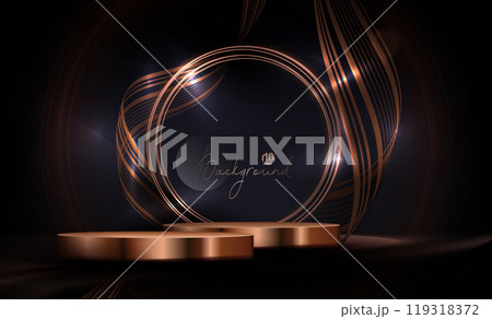 Design with gold shiny podium and round frame with ribbons on black background 119318372