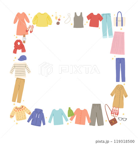 いろんな洋服・ファッションアイテムのイラストのフレーム 119318500