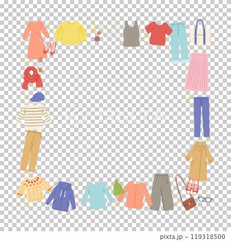いろんな洋服・ファッションアイテムのイラストのフレーム 119318500
