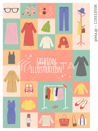 いろんな服・ファッションアイテムのイラストセット いろんな服・ファッションアイテムのイラストセット 119318506