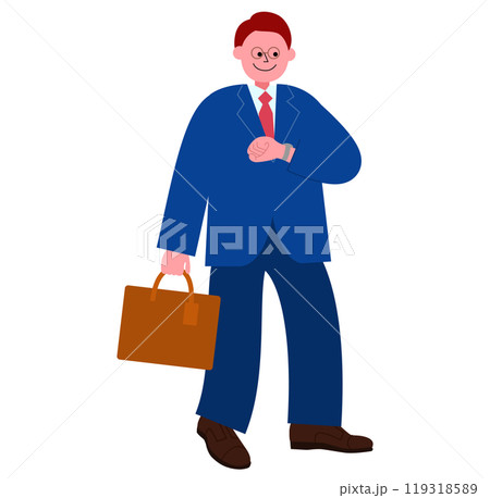 ビジネスバッグを持ってスーツを着たメガネの男性が腕時計で時間を確認しながら歩く姿の全身のイラスト ビジネスバッグを持ってスーツを着たメガネの男性が腕時計で時間を確認しながら歩く姿の全身のイラスト 119318589