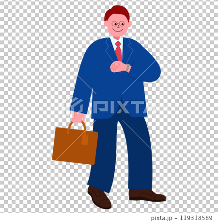ビジネスバッグを持ってスーツを着たメガネの男性が腕時計で時間を確認しながら歩く姿の全身のイラスト ビジネスバッグを持ってスーツを着たメガネの男性が腕時計で時間を確認しながら歩く姿の全身のイラスト 119318589