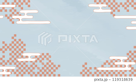 手描きの線で描かれた市松模様柄にヱ霞が浮かぶおめでたい背景イラスト 119318639
