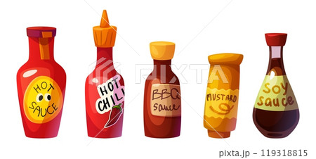 Sauce in plastic and glass bottle. 119318815