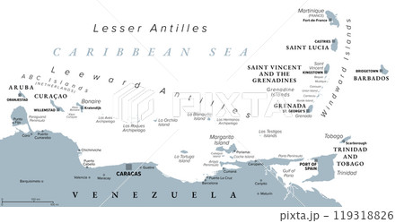 Hurricane free Caribbean islands, gray political map. Leeward Antilles and Windward Islands are safest from hurricanes. Aruba, Barbados, Bonaire, Curacao, Grenada, The Grenadines, Trinidad and Tobago. 119318826