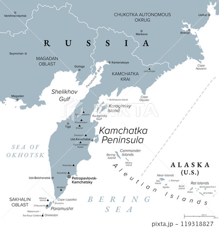 Kamchatka Peninsula and federal subject Kamchatka Krai of Russia, gray political map. Peninsula with numerous volcanoes between Bering Sea and Sea of Okhotsk. Offshore runs the Kuril-Kamchatka Trench. Kamchatka Peninsula and federal subject Kamchatka Krai of Russia, gray political map. Peninsula with numerous volcanoes between Bering Sea and Sea of Okhotsk. Offshore runs the Kuril-Kamchatka Trench. 119318827