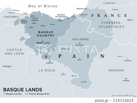 Basque Lands, gray political map. Basque Country, autonomous community in Spain with capital Vitoria-Gasteiz in dark gray, and historic Basque area in Spain and France in dark and lighter gray colors. 119318828