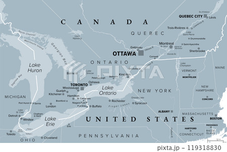 Quebec City Windsor Corridor, gray political map. Most densely populated and heavily industrialized region of Canada. The region extends between Quebec City in the northeast and Windsor, Ontario. Quebec City Windsor Corridor, gray political map. Most densely populated and heavily industrialized region of Canada. The region extends between Quebec City in the northeast and Windsor, Ontario. 119318830