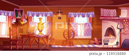 Wooden table in old russian farm kitchen interior Wooden table in old russian farm kitchen interior 119318880