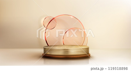 Wooden podium with round glass decoration 119318898