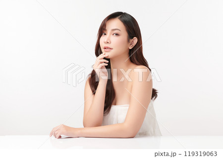 Beautiful young asian woman with clean fresh skin on white background, Face care, Facial treatment, Cosmetology, beauty and spa, Asian women portrait. Beautiful young asian woman with clean fresh skin on white background, Face care, Facial treatment, Cosmetology, beauty and spa, Asian women portrait. 119319063