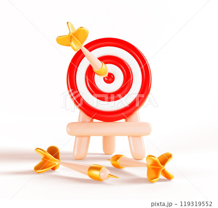 3d bullseye target, red dart board on stand with gold arrow isolated render icon. Cartoon dartboard, goal circle. Business concept of success, accuracy. Archery sport or game of darts. 3D illustration 119319552