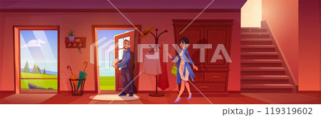 Couple leave home in open door in hallway vector 119319602