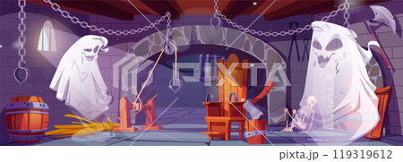 Cartoon vector medieval dungeon prison with ghost 119319612