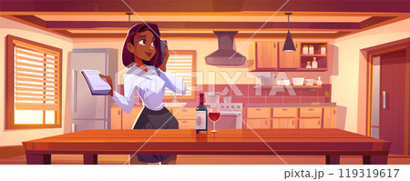 Black woman standing near kitchen table background Black woman standing near kitchen table background 119319617