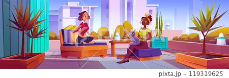 Two women talking on terrace in big city Two women talking on terrace in big city 119319625