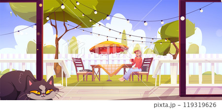 Woman drinking morning coffee in home garden 119319626