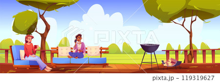 Woman on house backyard terrace sitting near bbq Woman on house backyard terrace sitting near bbq 119319627