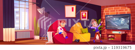 Video game room for kid boy with tv cartoon vector 119319675