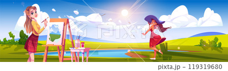 Woman pose near lake for artist with easel vector 119319680