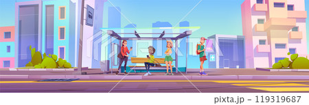 Group of people at urban bus stop 119319687