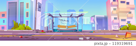 Abandoned city broken bus stop station with crack Abandoned city broken bus stop station with crack 119319691