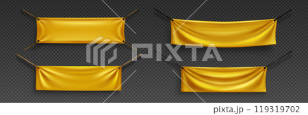 Realistic set of fabric banners hanging on ropes 119319702