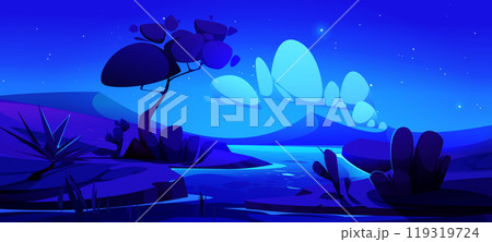 Night desert landscape with river in valley 119319724