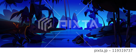 Cartoon night river in forest vector background Cartoon night river in forest vector background 119319737