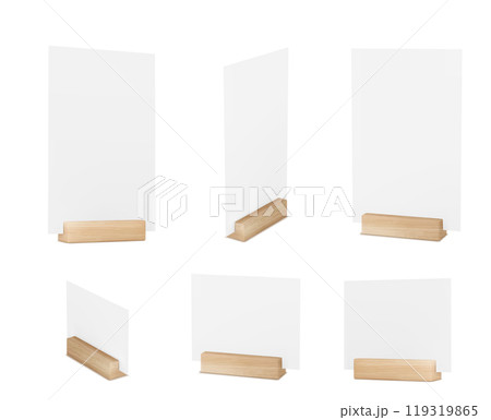 Mockup of menu card in wooden table holder Mockup of menu card in wooden table holder 119319865