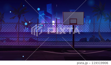 Night street basketball court and neon cityscape 119319906