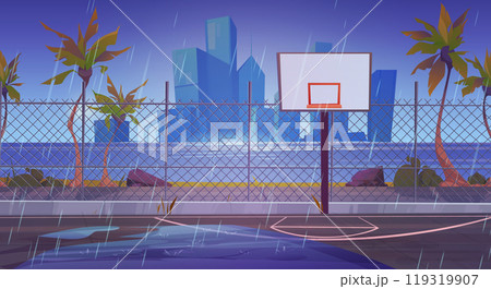 Rainy street basketball court, cityscape skyline Rainy street basketball court, cityscape skyline 119319907