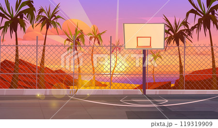 Sunrise on street basketball court near sea beach 119319909
