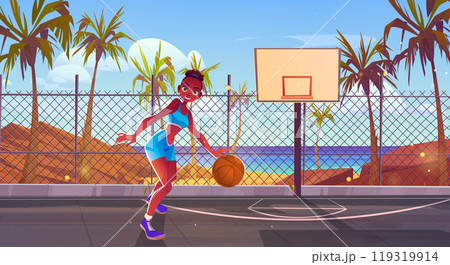 Girl play basketball on street court beach and sea 119319914